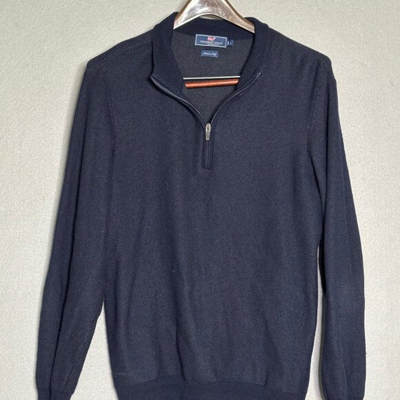 Vineyard Vines Sweater Mens Large Navy Blue Quarter Zip Mock Neck Comfort Knit - Picture 1 of 9